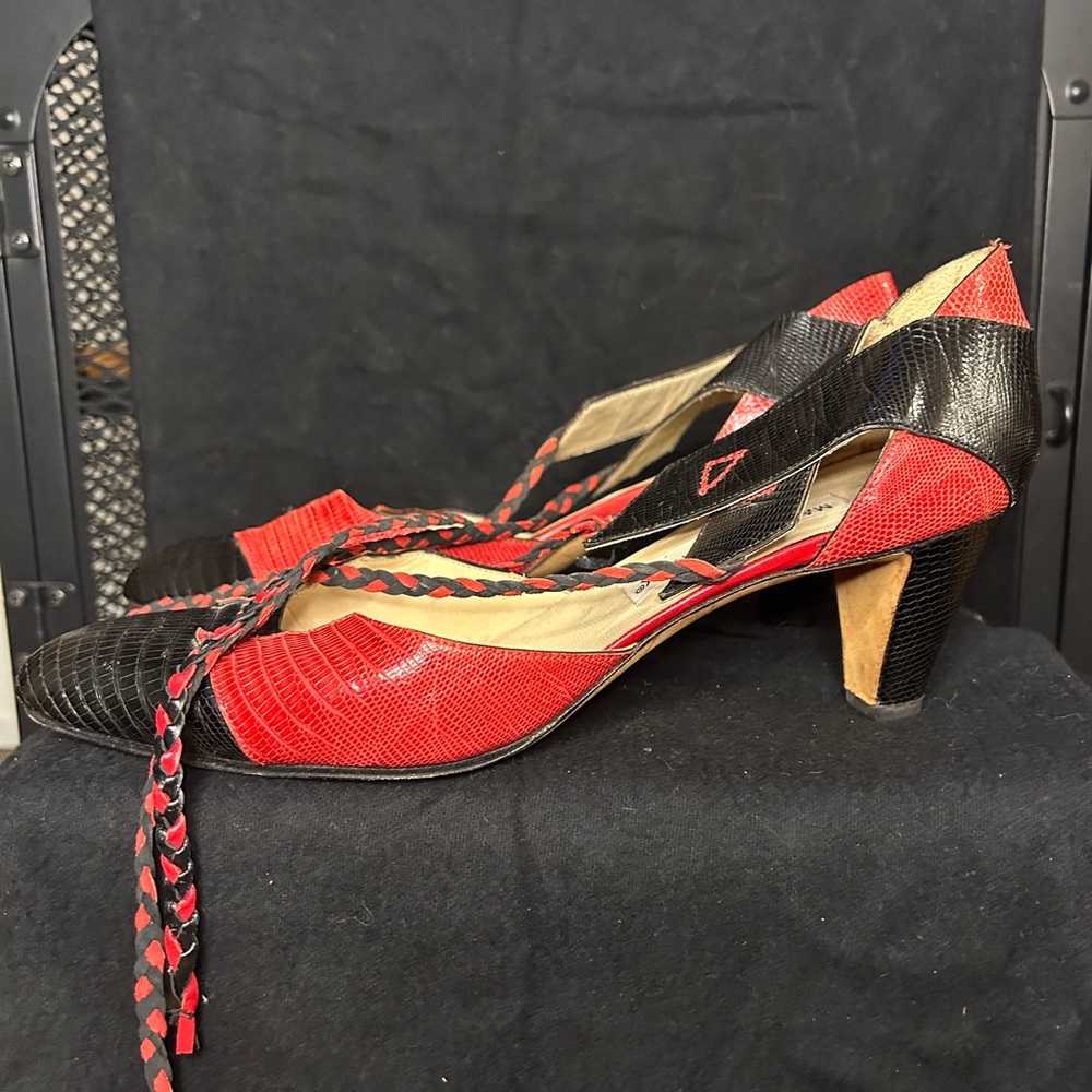 Manolo Blahnik Red & Black Snakeskin Lace-Up Heels – Size 39.5